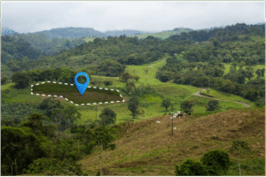 Map of a farm with a blue marker indicating a location, titled "Affordable Land to Buy in Kenya By Migaa.