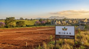 Nairobi Land Sale plots with red soil, survey stakes, and Migaa signboard at sunset